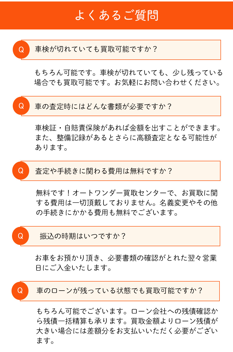 よくあるご質問　Q車検が切れていても買取可能ですか？もちろん可能です。車検が切れていても、少し残ってる場合でも買取可能です。お気軽にお問合せください。Q車の査定時にどんな書類が必要ですか？車検証・自賠責保険があれば金額を出すことができます。また、整備記録があるとさらに高額査定となる可能性があります。Q査定や手続きに関わる費用は無料ですか？無料です！オートワンダー買取センターで、お買取に関する費用は一切頂戴しておりません。名義変更やその他の手続きにかかる費用も無料でございます。Q振込の時期はいつですか？お車をお預かり頂き、必要書類の確認が取れた翌々営業日にご入金いたします。Q車のローンが残ってる状態でも買取可能ですか？もちろん可能でございます。ローン会社への残債確認から残債一括生産も承ります。買取金額よりローン残債が大きい場合には差額分をお支払いいただく必要がございます。